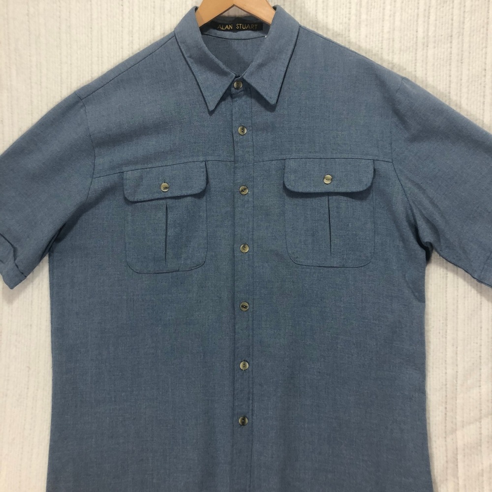 Alan Stuart Camp Shirt Short Sleeve Button Up Pockets Blue Mens Size L‎